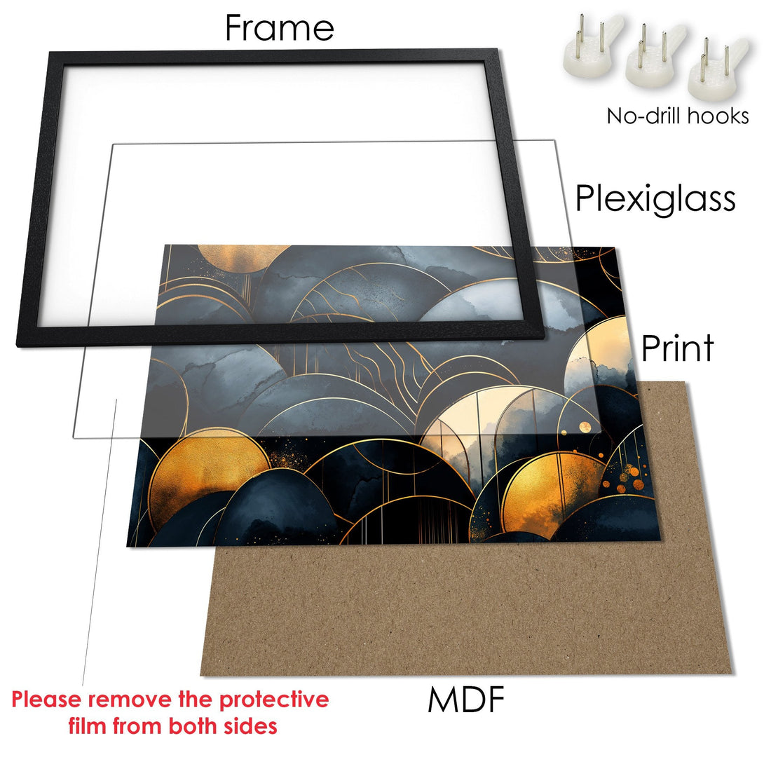 Framed Poster with abstract gold and navy art. Modern style, elegant decor. Ready to hang!