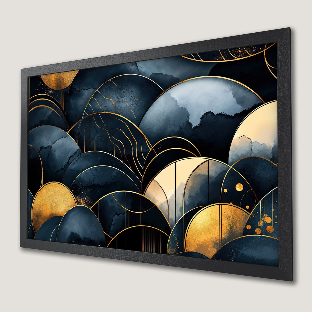Framed Poster featuring abstract art with navy, gold, and white color palette. Modern wall art, perfect for home decor.