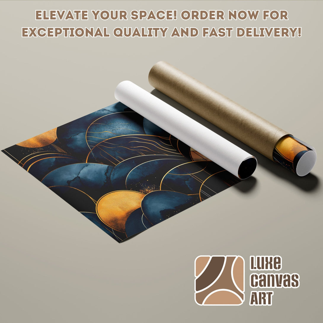 Abstract art Poster Roll with navy, gold, and brown color palette. Elevate your space!