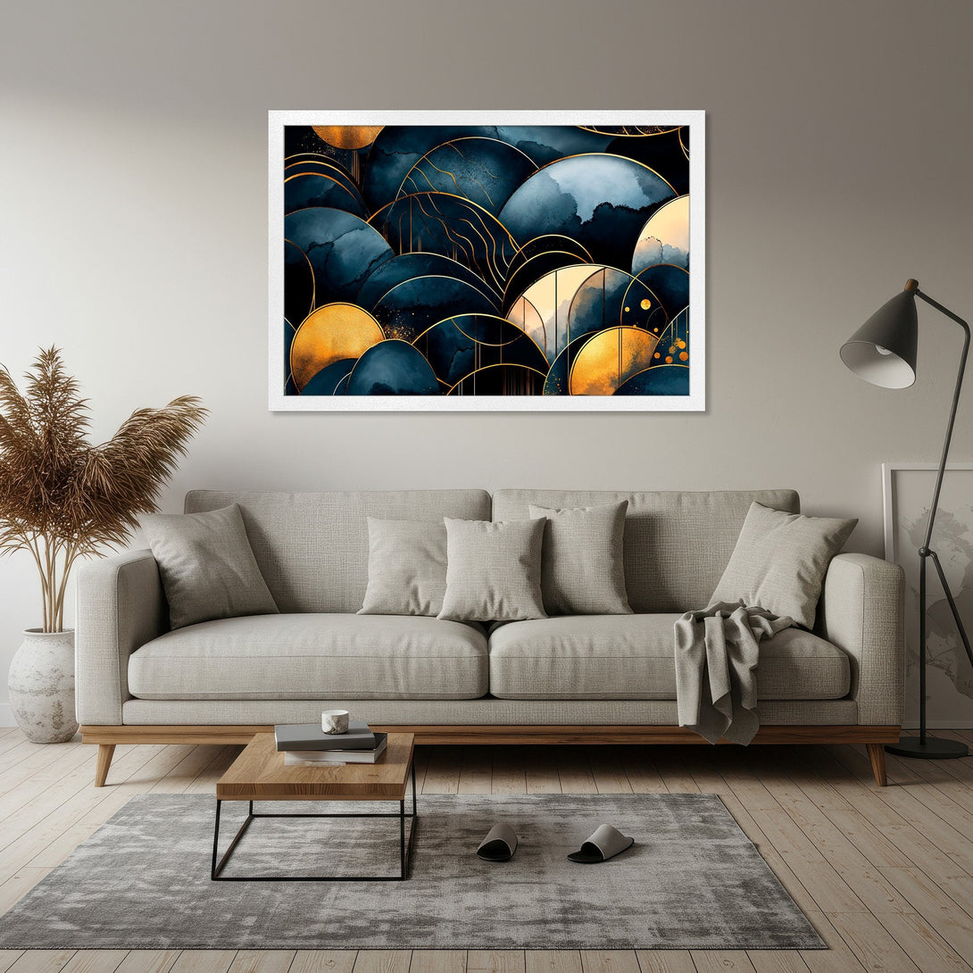 Framed Poster featuring an abstract watercolor design with gold accents in a teal and gold color palette. Add a touch of elegance to your space!