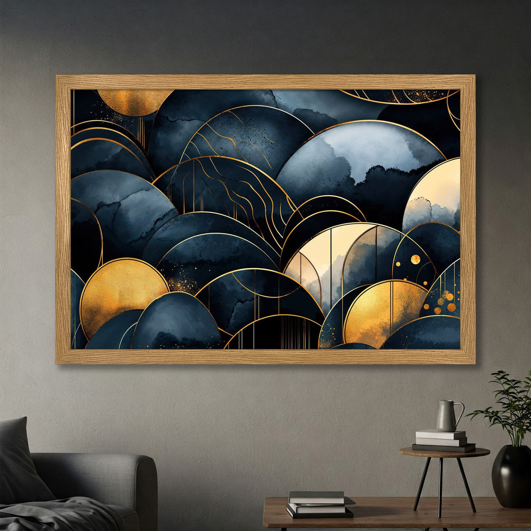Framed Poster featuring abstract watercolor art in navy, gold, and white. Modern style art print for home decor.