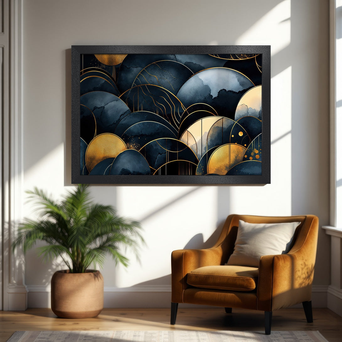 Framed Poster featuring abstract navy and gold art. Modern style, elegant decor with a rich color palette. Perfect wall art for any space.