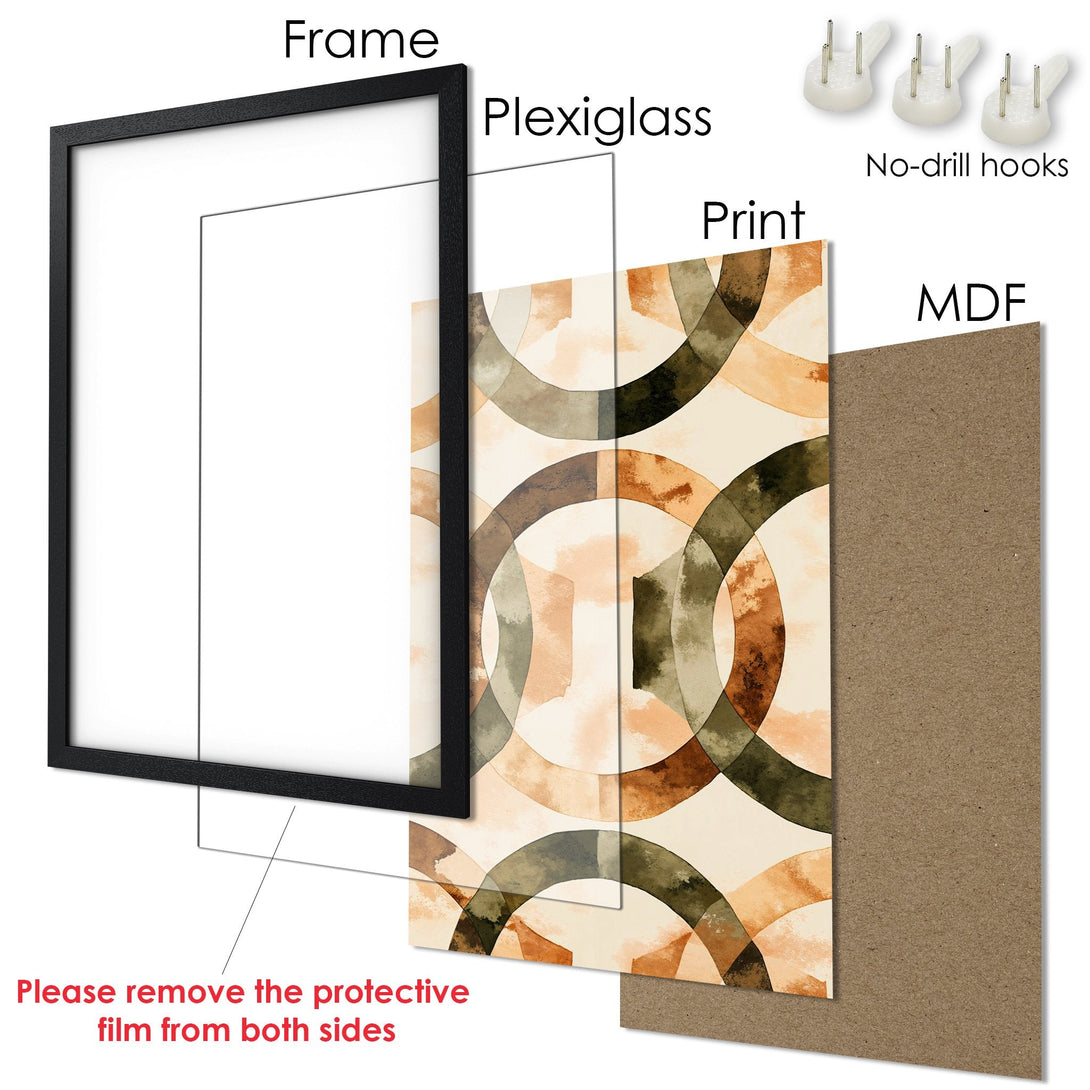 Framed Poster with abstract geometric design in earthy tones. Modern art print for home decor.