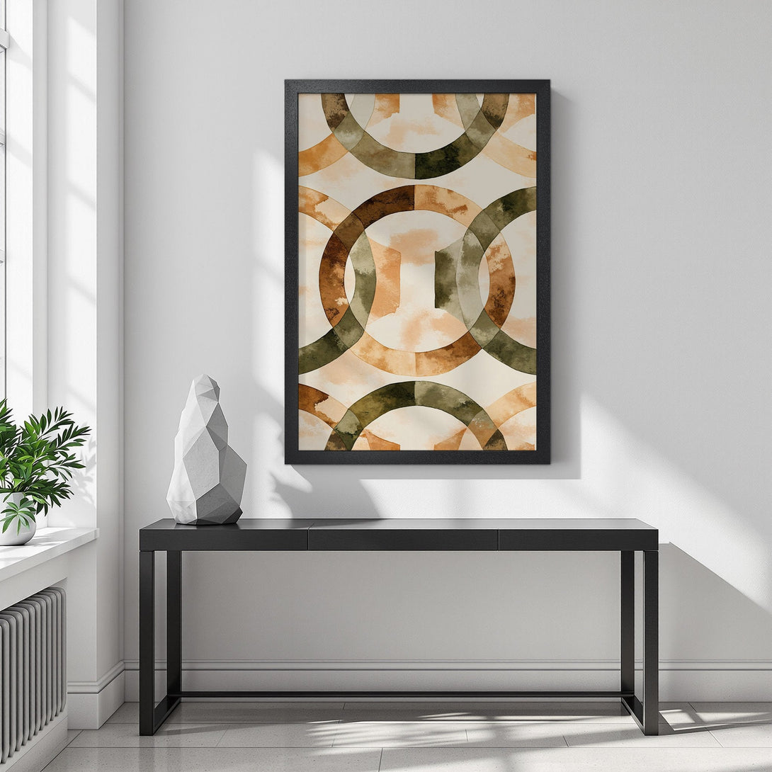 Framed Poster featuring abstract watercolor circles in earthy tones. Perfect art for modern home decor.