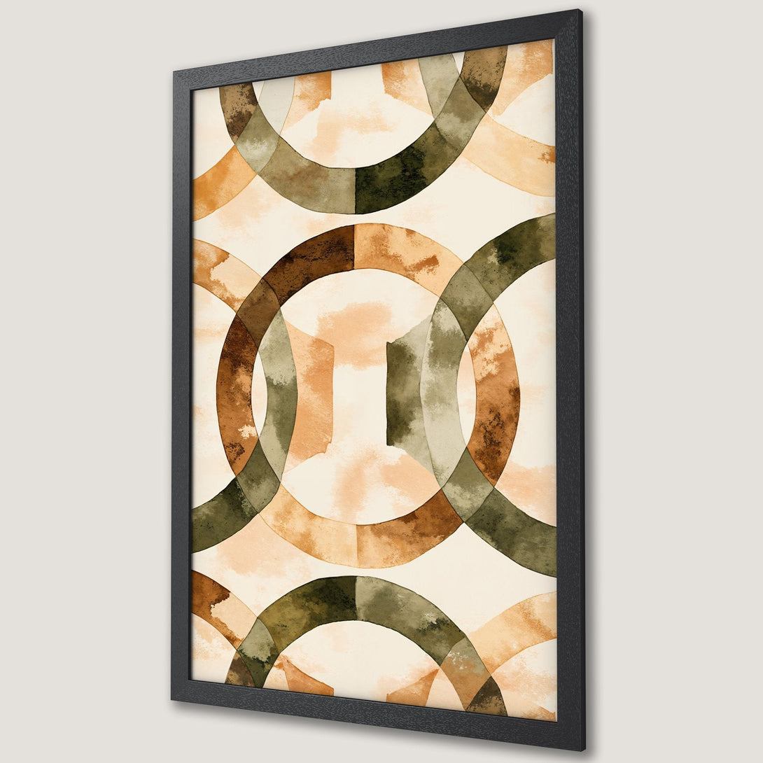Framed Poster featuring abstract watercolor rings in earthy tones. Modern art print for home decor.