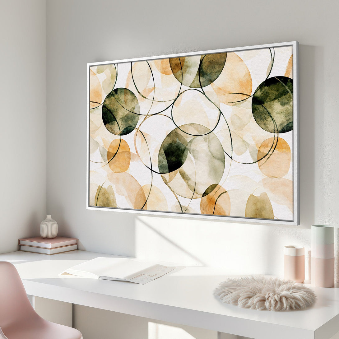 Framed Wall Art featuring abstract watercolor circles in earthy tones. Modern decor for a stylish living space. Canvas Print available.