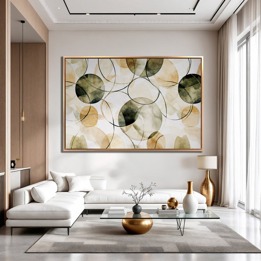 Framed Wall Art featuring abstract watercolor circles in earthy tones. Modern art for living room decor. Enhance your space with this stylish canvas print.