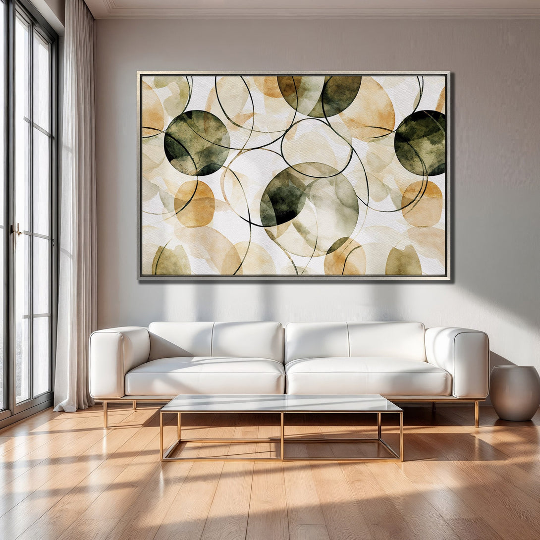 Framed Wall Art featuring abstract watercolor circles in earthy tones. Modern decor for living room. Enhance your space with this canvas print.