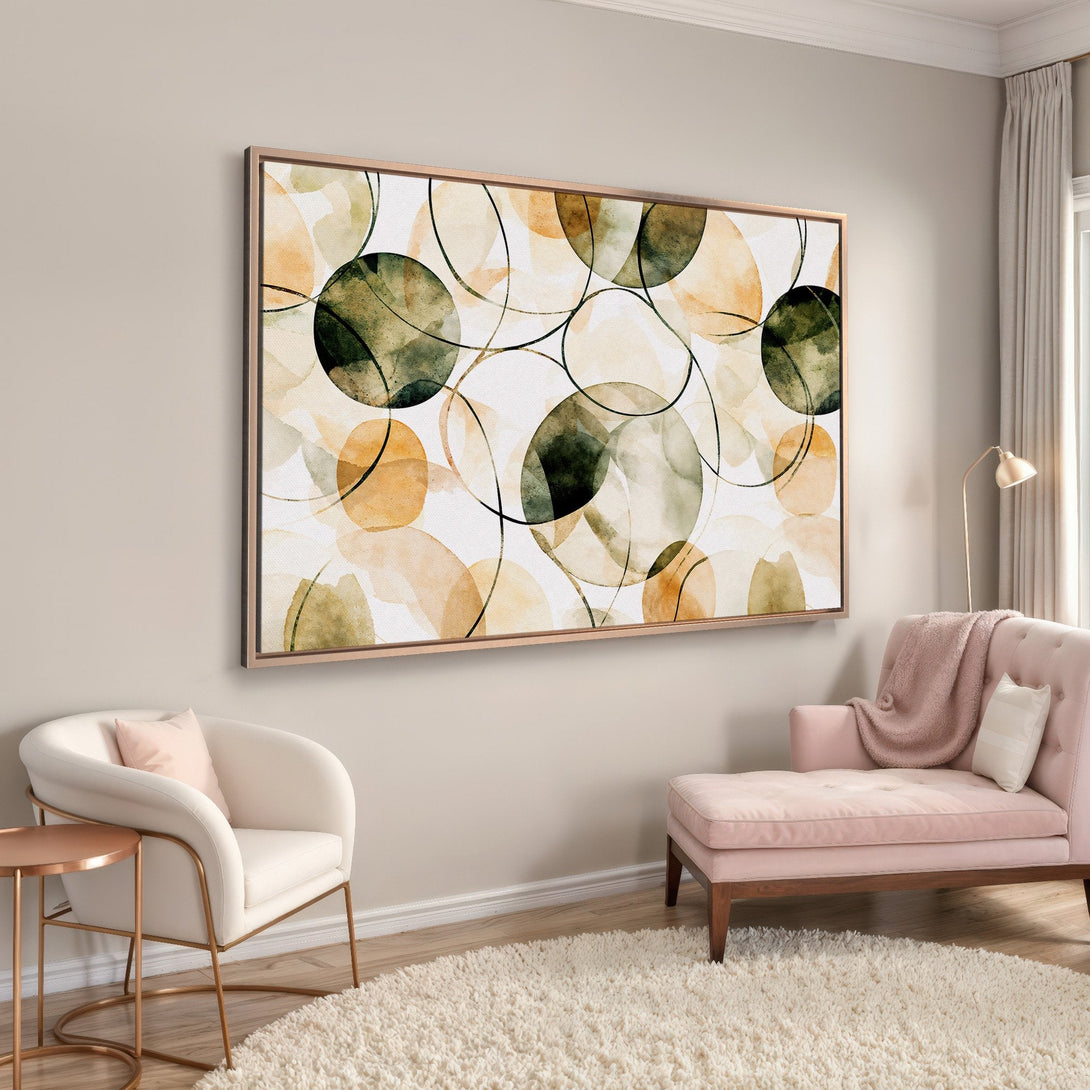 Framed Wall Art featuring abstract watercolor circles in earthy tones. Modern decor inspiration for living room, showcasing a warm, inviting color palette.