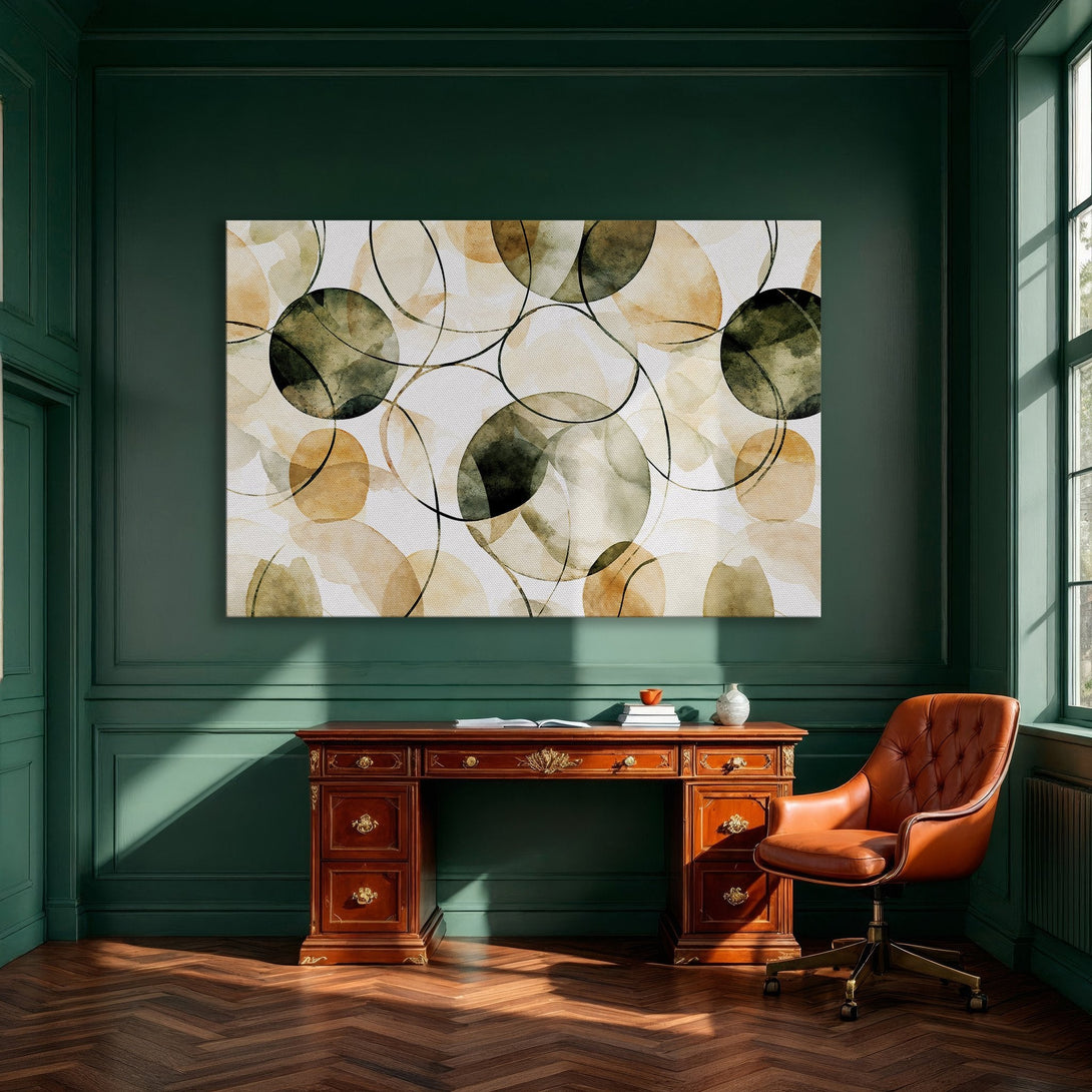 Framed Wall Art: Abstract watercolor circles in warm tones of green, beige, and gold. Modern art for dining room decor.