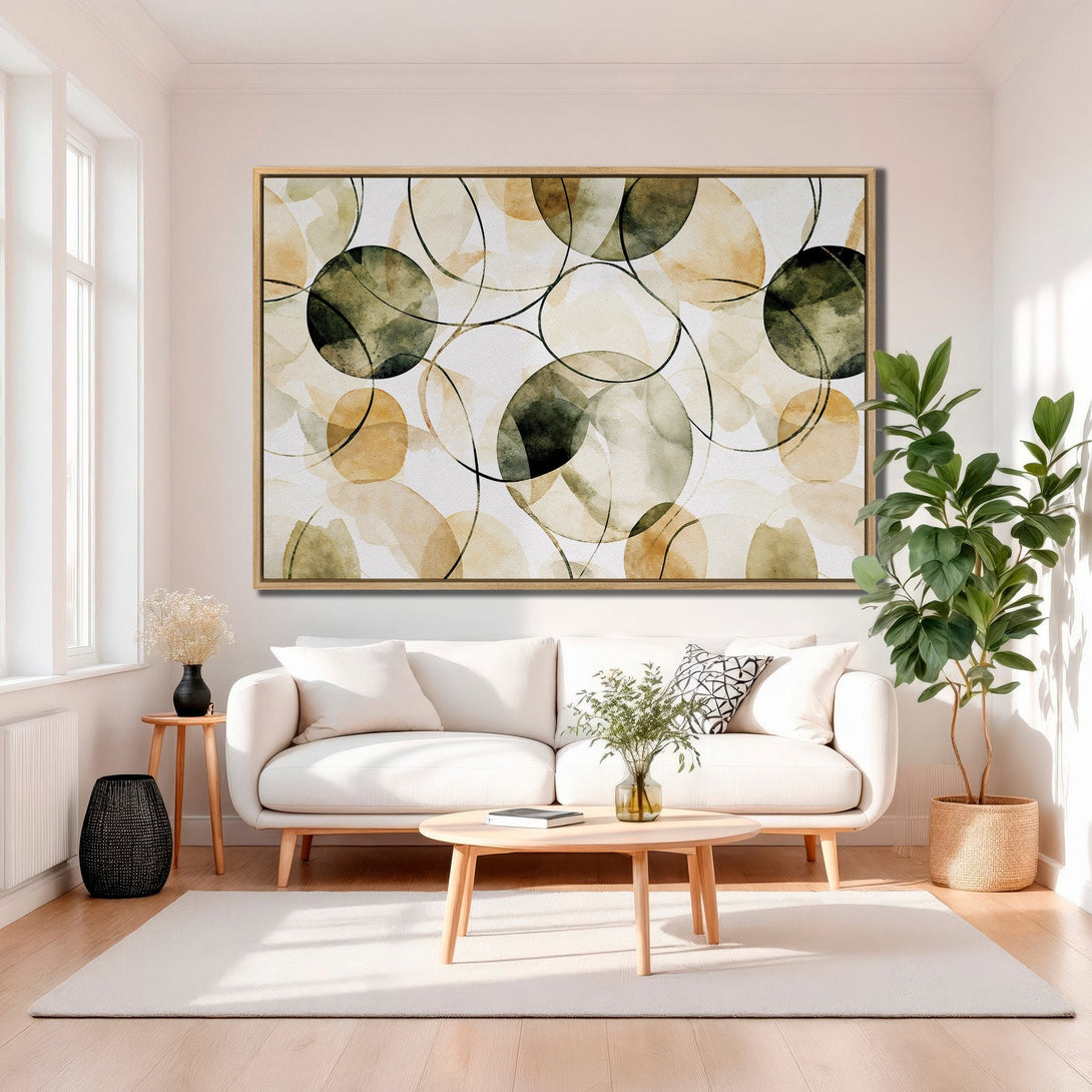 Framed Wall Art featuring abstract watercolor circles in earthy tones. Elevate your space with this modern, neutral Canvas Print.