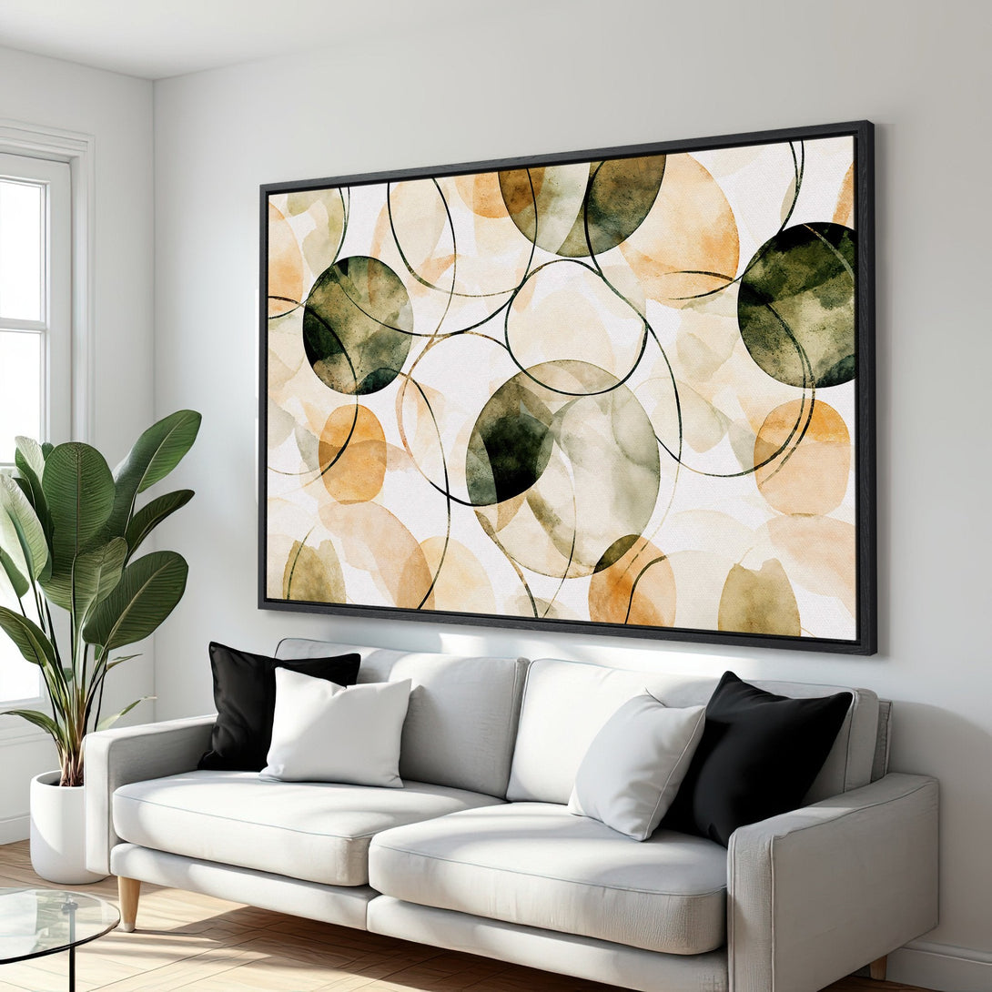 Framed Wall Art featuring abstract watercolor circles in earthy tones. Modern art canvas print for a stylish living room decor.