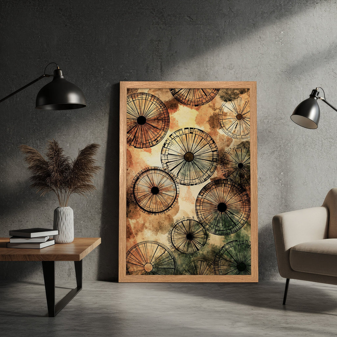 Framed Poster featuring abstract wheel design in warm earth tones. Modern art print for home decor.