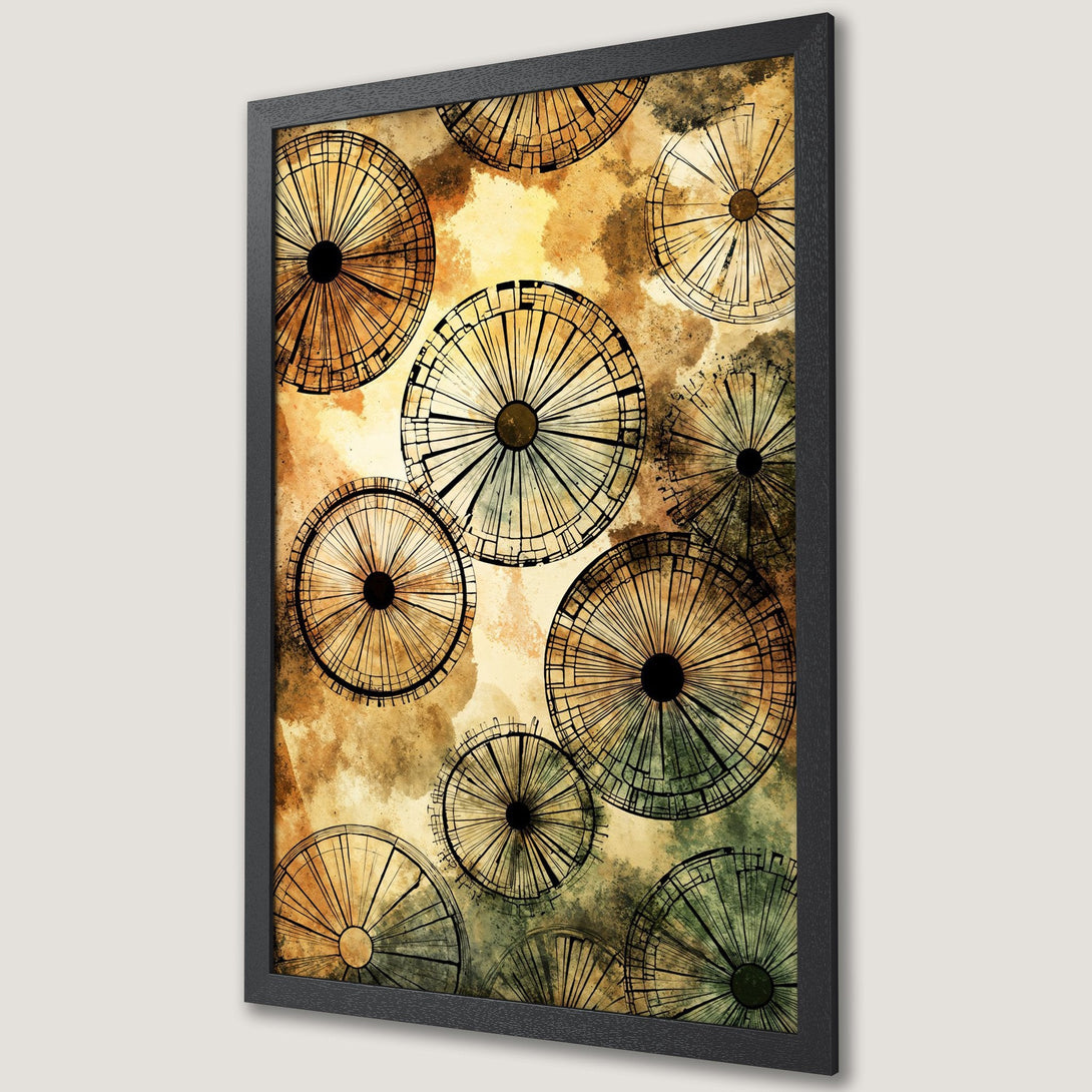 Framed Poster featuring abstract wheel design in earthy tones. Perfect wall art for modern decor. Enhance your space with this stylish poster!