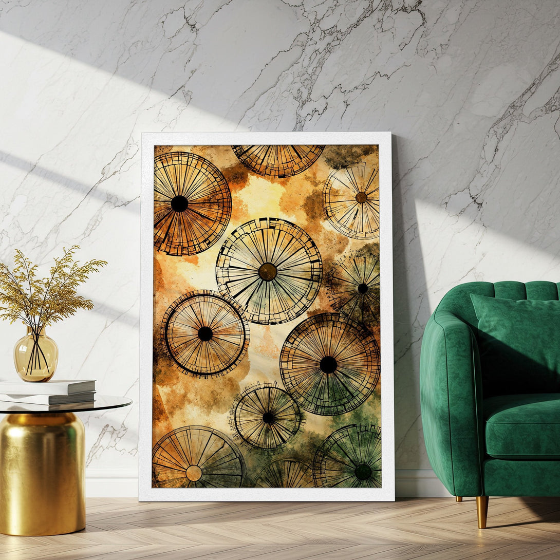 Framed Poster featuring abstract wheel design in warm earth tones. Modern art print for home decor.