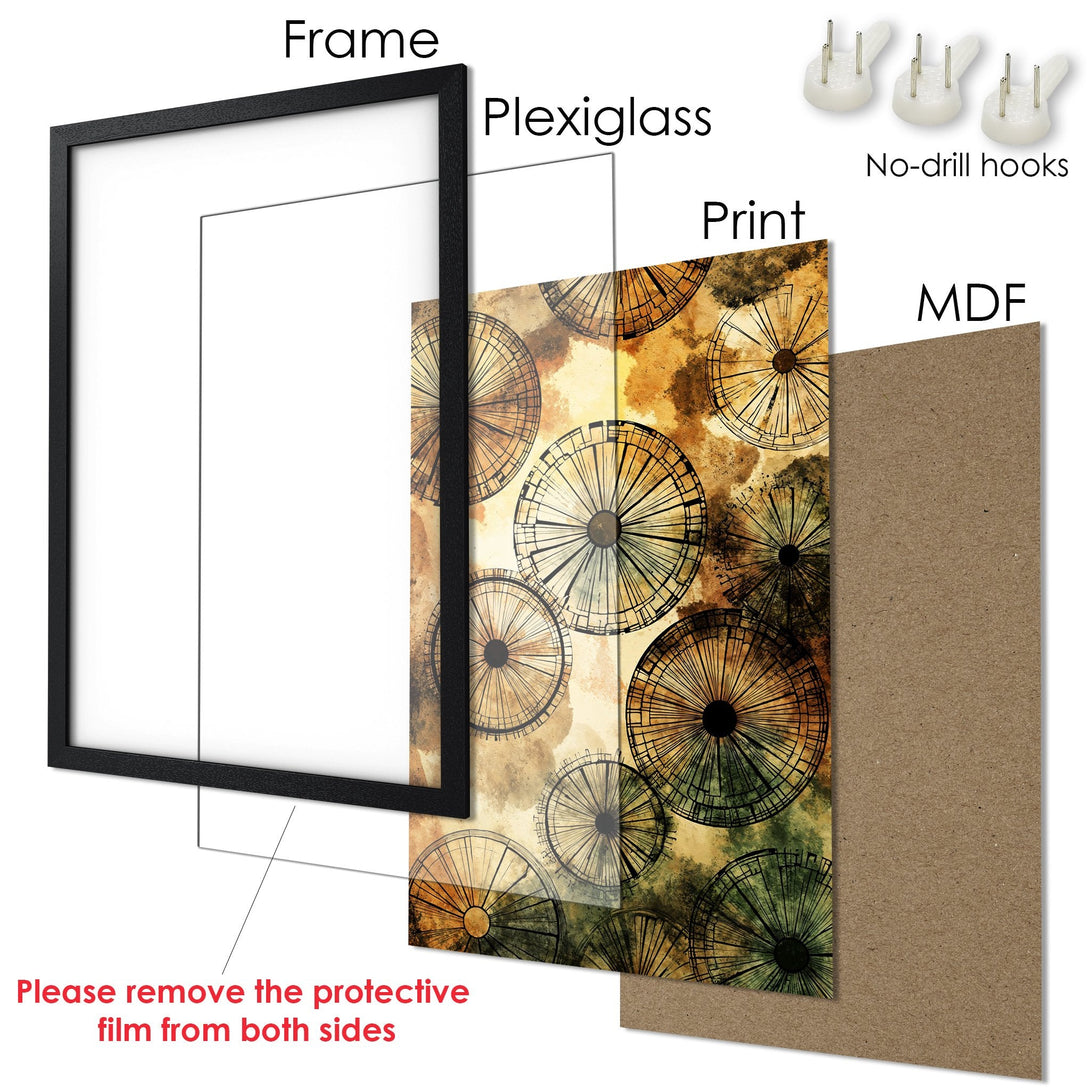 Framed Poster featuring an abstract design in earth tones. Modern art print ready to hang. Perfect home decor.