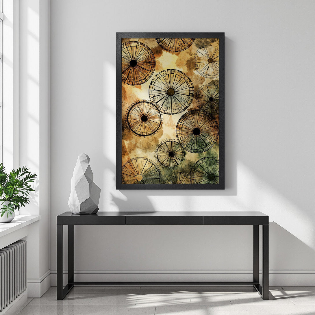 Framed Poster featuring abstract wheel design in earth tones. Perfect art for modern decor. Shop our unique Poster collection today!