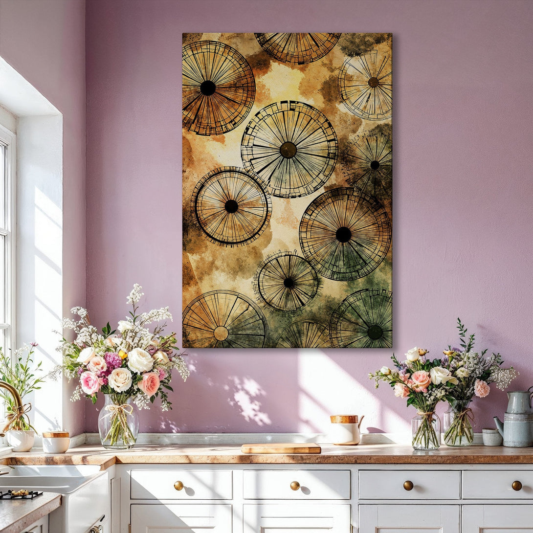 Framed Wall Art featuring abstract geometric circles in warm, earthy tones. Modern art print adds a touch of elegance to any living room or interior space.