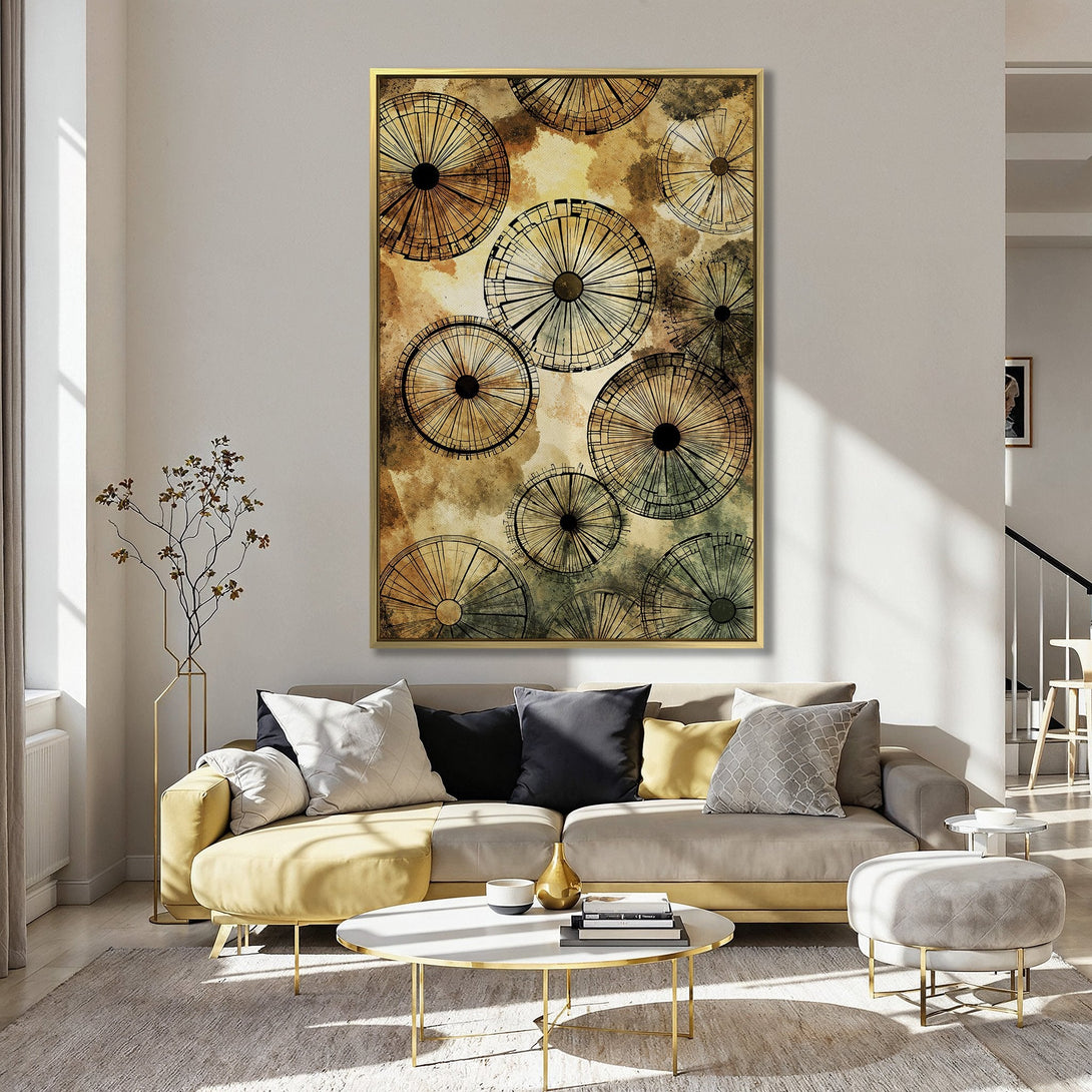 Abstract Canvas Print with geometric design in warm earth tones, displayed in a kitchen. Adds modern art style to any space.