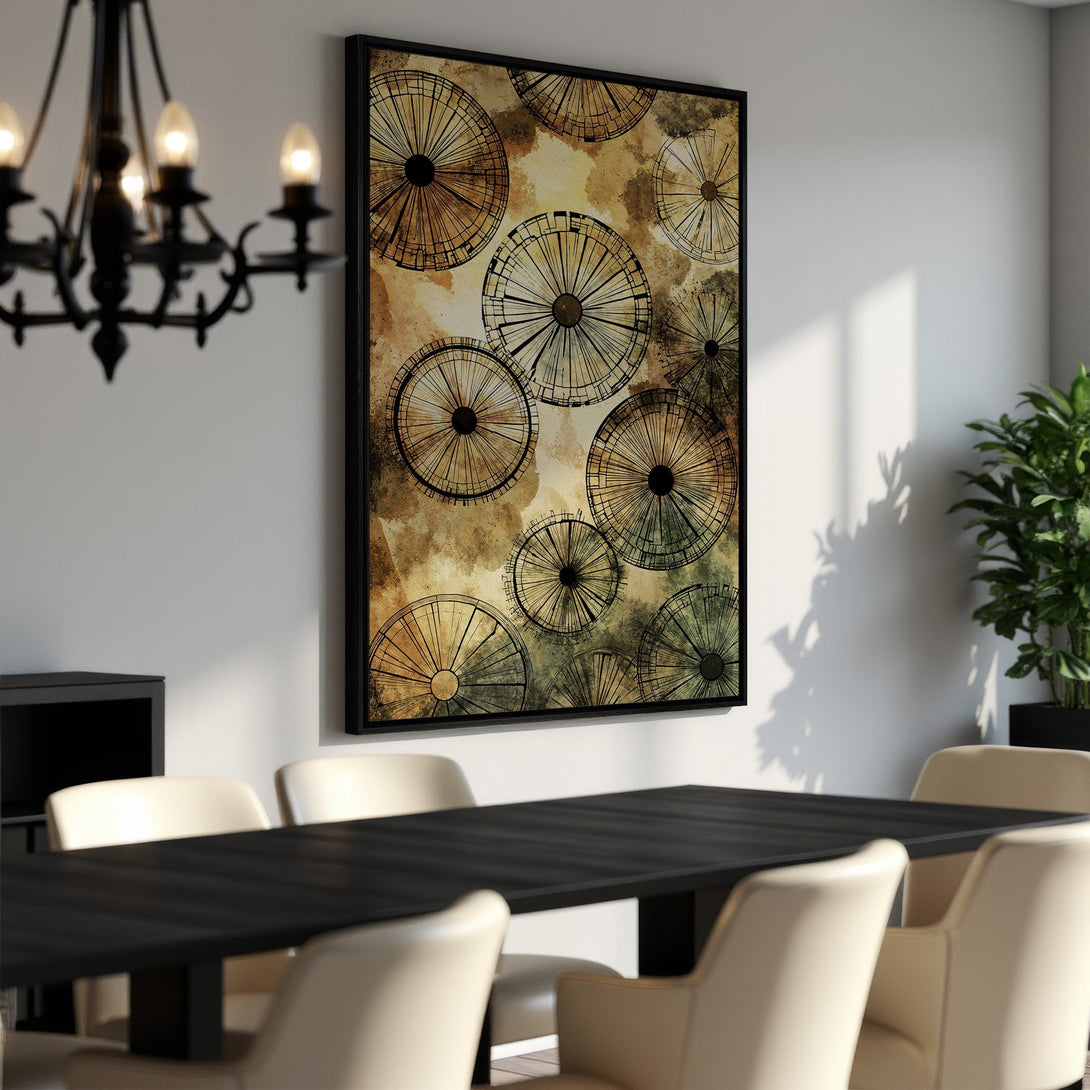 Framed Wall Art featuring abstract geometric design in earthy tones. Modern decor for dining room. Canvas print with warm color palette.