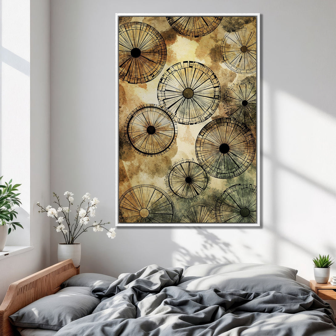 Framed Wall Art featuring abstract geometric design in warm earthy tones. Perfect for adding a touch of modern art to your bedroom decor.
