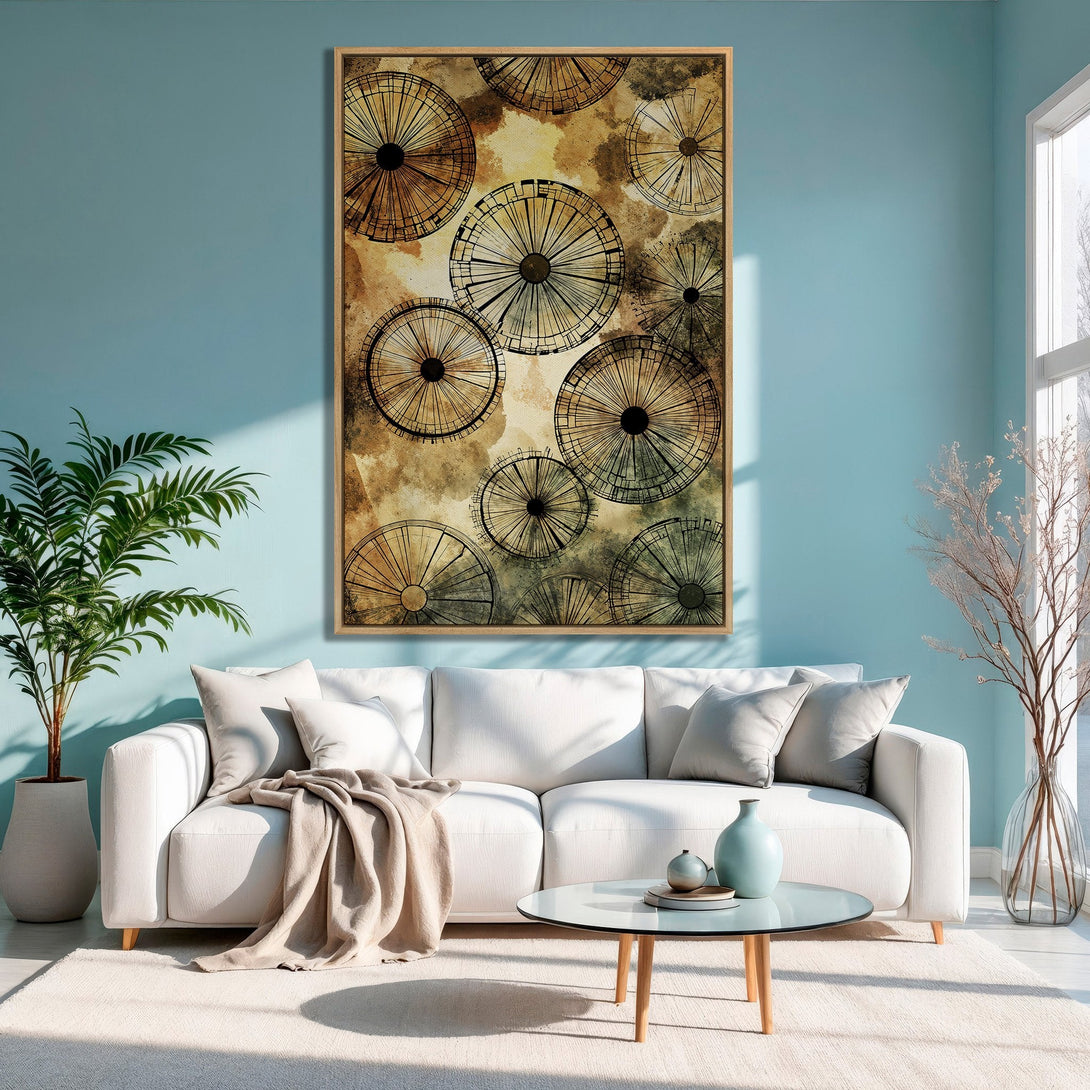 Framed Wall Art: Abstract wheel design in warm earth tones. Modern art canvas print adds a touch of elegance to any living room.