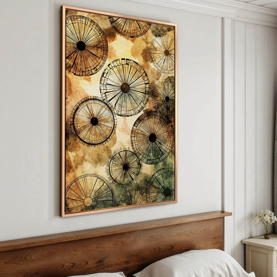 Framed Wall Art featuring abstract wheel design in warm earth tones. Perfect for a modern bedroom. Shop unique canvas prints today!
