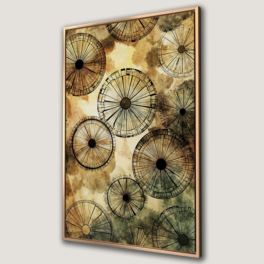 Framed Wall Art featuring abstract wheel design in earthy tones. Modern canvas print with a watercolor effect, perfect for adding a touch of art to any space.