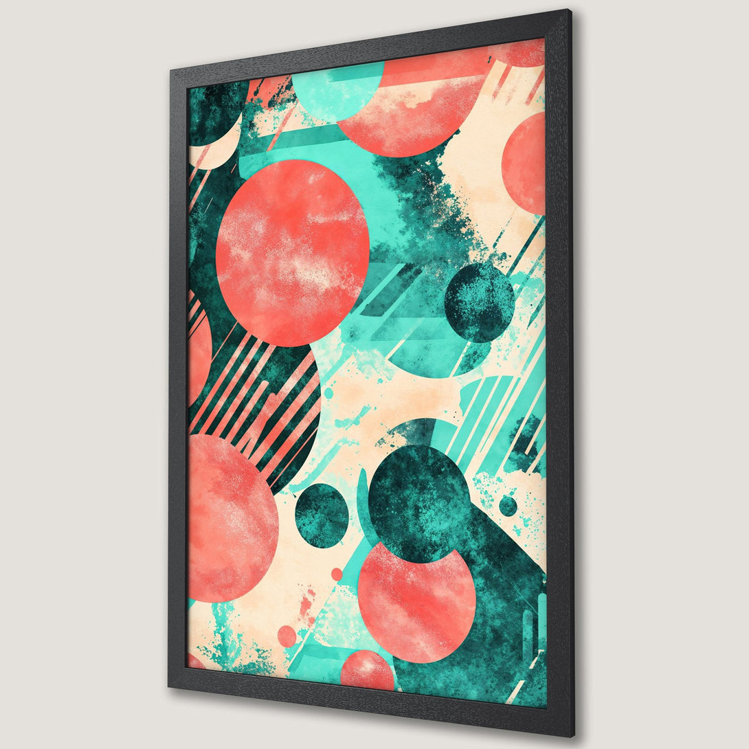 Framed Poster featuring abstract geometric shapes in coral, teal, and cream. Modern art style adds a pop of color to any room.