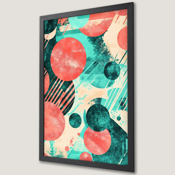 Framed Poster featuring abstract geometric shapes in coral, teal, and cream. Modern art style adds a pop of color to any room.