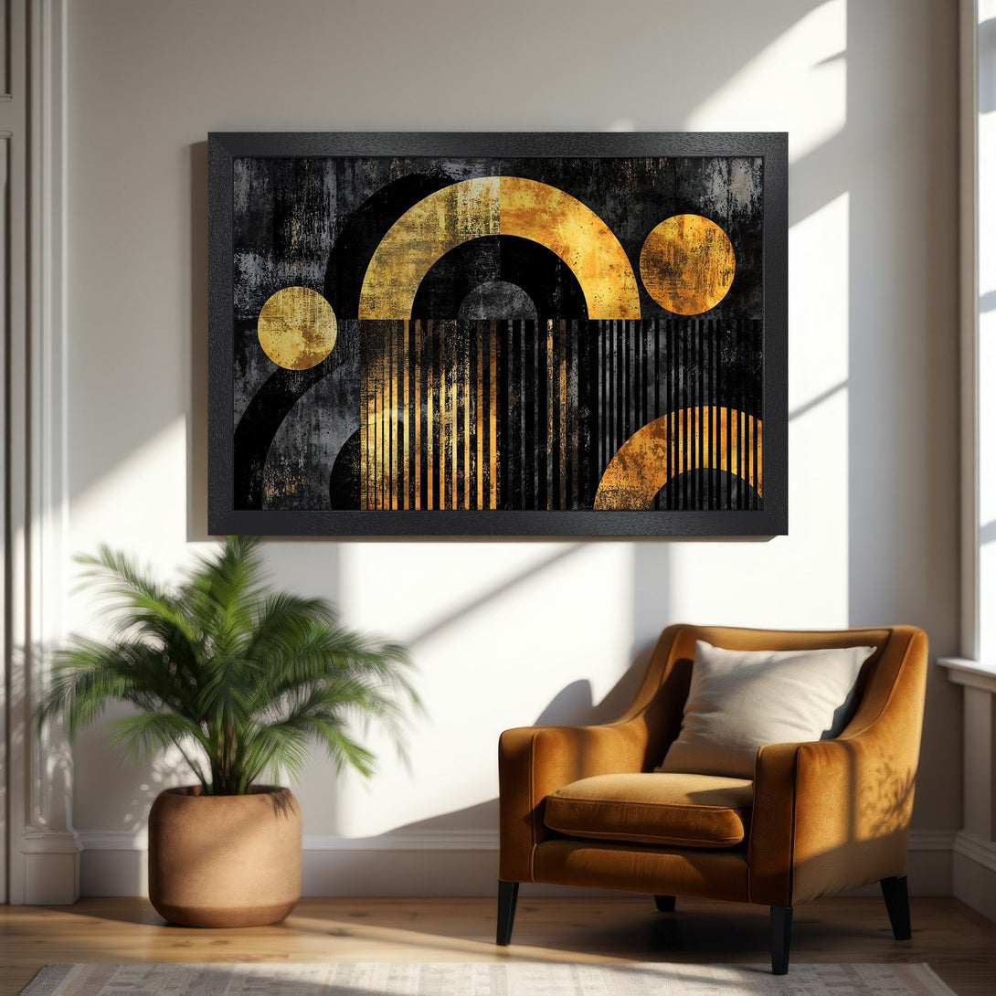 Framed Poster: Abstract geometric art in black, gold, and grey. Modern style, perfect for home decor. Shop now!