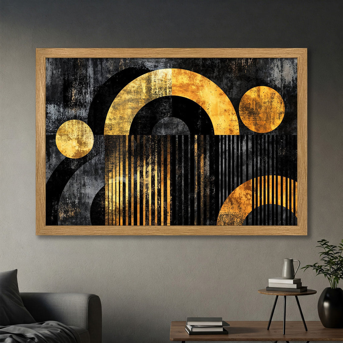 Framed Poster featuring abstract geometric art in black, gold, and gray. Modern wall art for home decor.