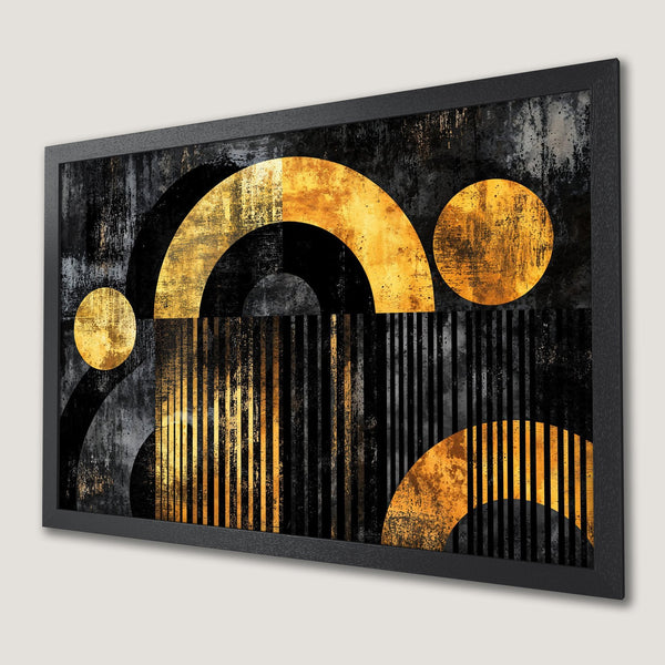 Framed Poster featuring abstract geometric art with gold and black color palette, perfect wall decor.