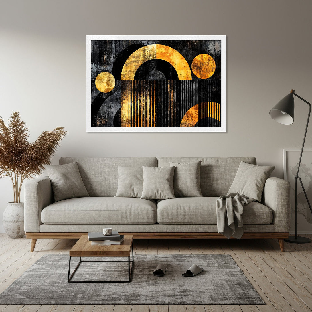 Framed Poster featuring abstract geometric art in gold, black, and gray. Modern style, perfect wall decor.