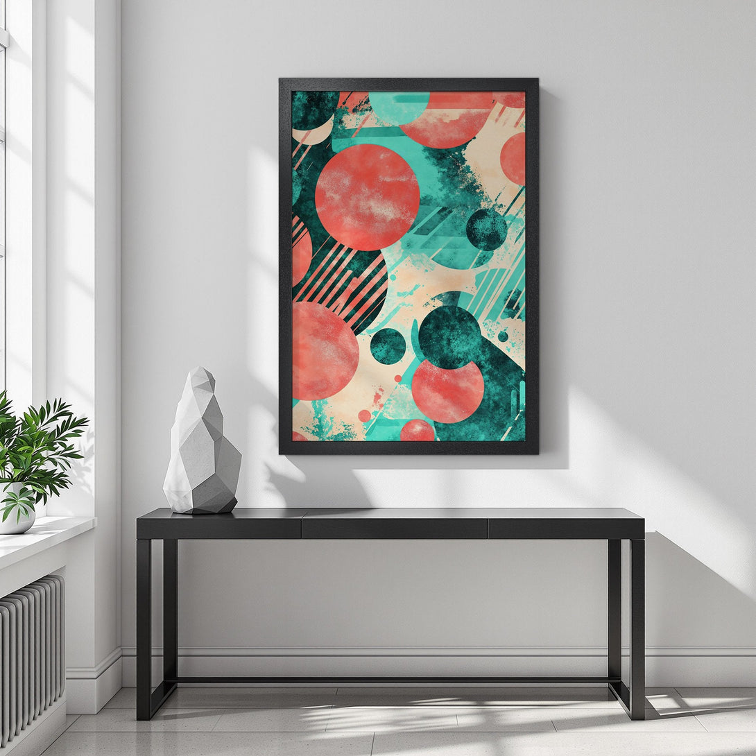 Framed Poster featuring abstract geometric art with red, teal, and beige color palette, perfect for modern home decor.