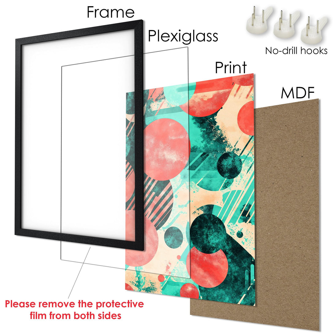 Framed Poster featuring abstract art with circles and lines in a teal, coral, and beige color palette. Modern wall art for your home!
