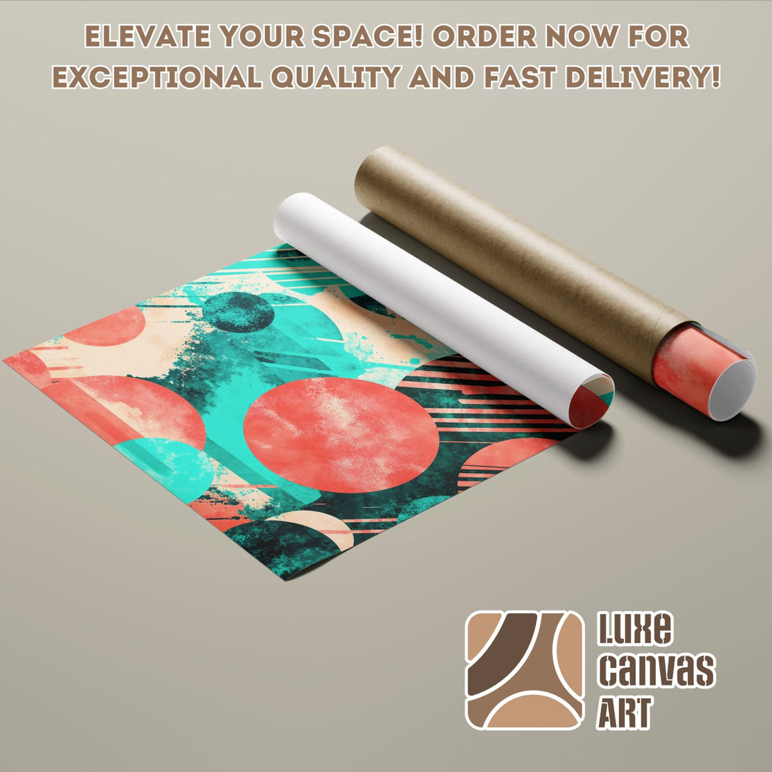 Abstract art Poster Roll in teal, coral, and beige. Elevate your space!