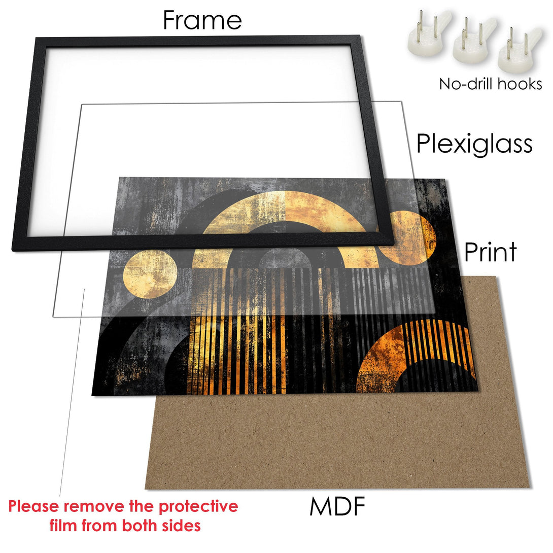 Framed Poster: Abstract geometric art in black, gold, and gray. Modern wall decor for your home or office.