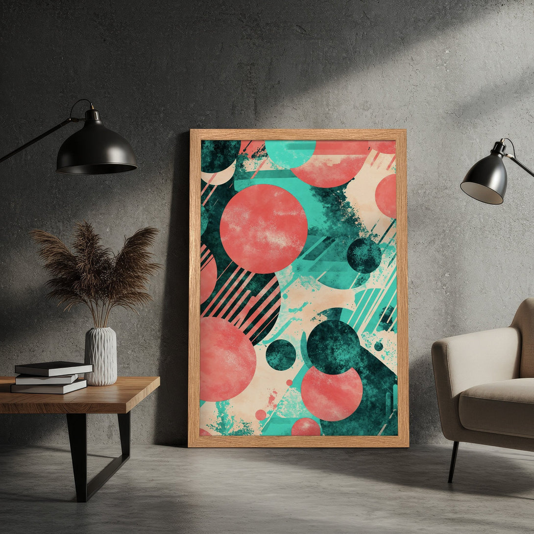 Framed Poster featuring abstract geometric art in teal, coral, and beige. Modern wall decor for your home!
