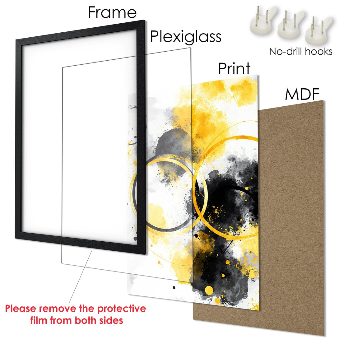 Framed Poster art with abstract design in yellow, black, and gray. Modern style for home decor. Easy to hang!
