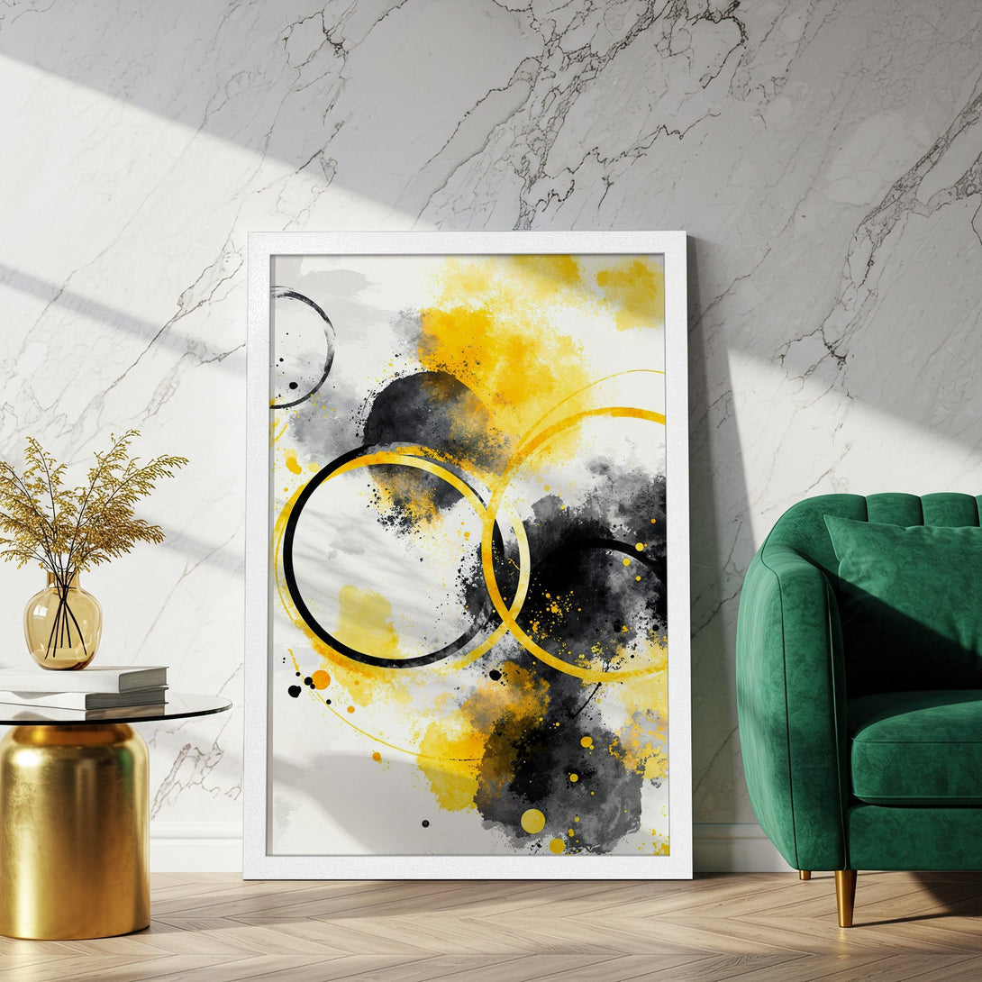 Framed Poster featuring abstract art with yellow, black, and gray watercolor circles. Modern art print for home decor.