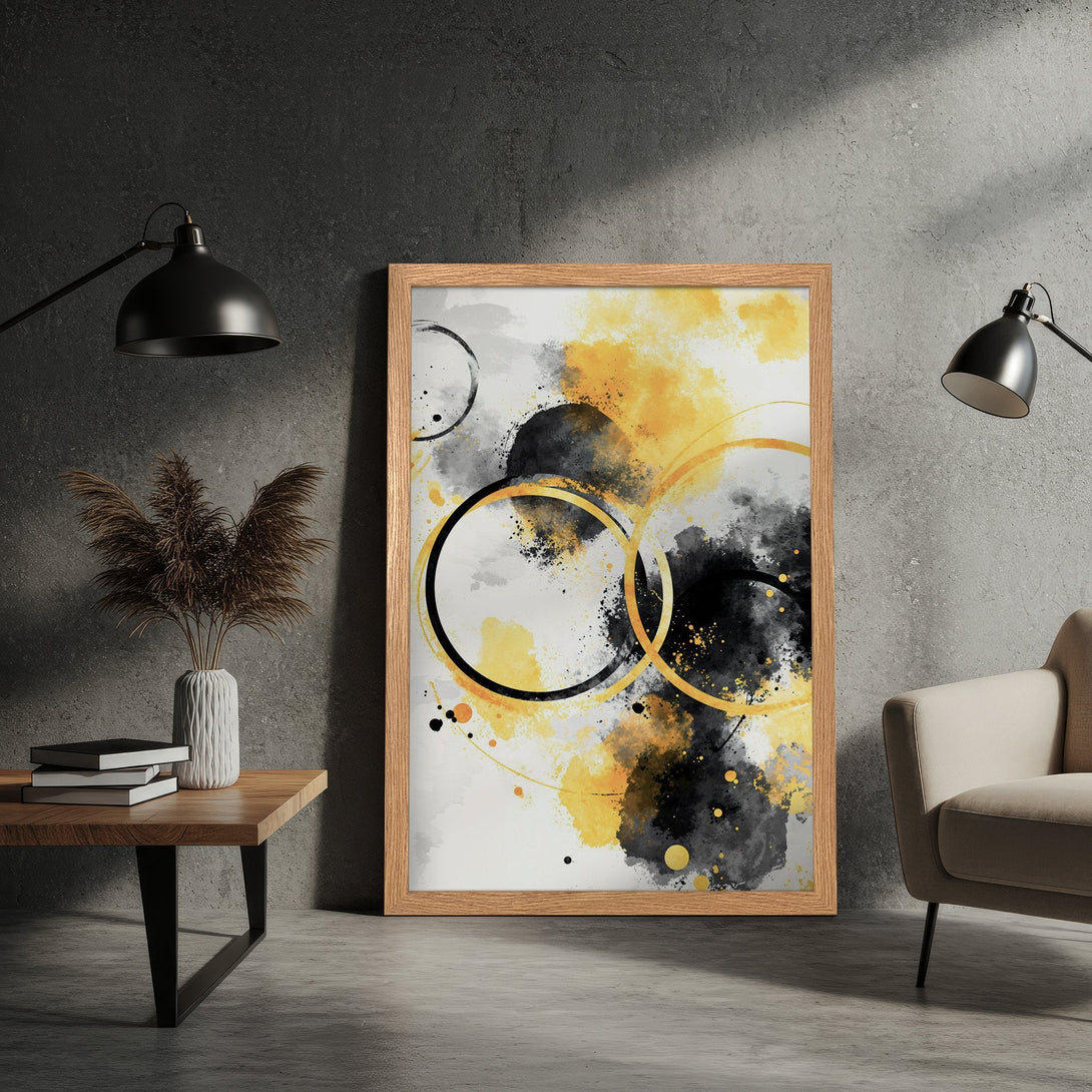 Framed Poster featuring abstract art with yellow, black, and gray watercolor circles. Modern art print for home decor.