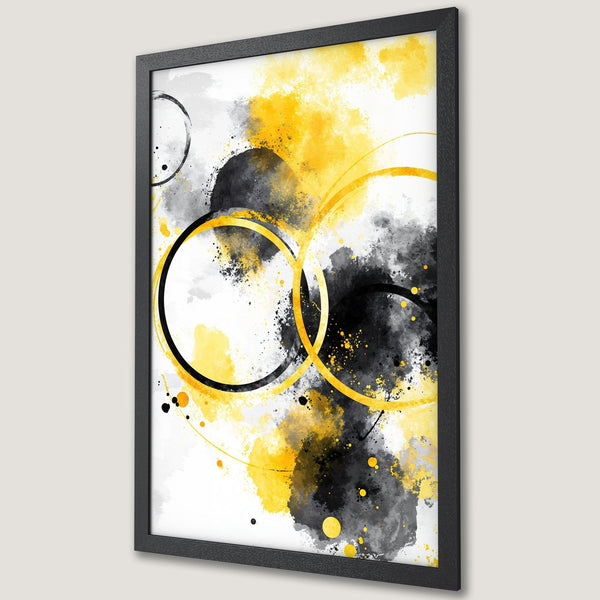 Framed Poster: Abstract art with yellow, black, and gray watercolor splashes. Modern wall decor for your home.