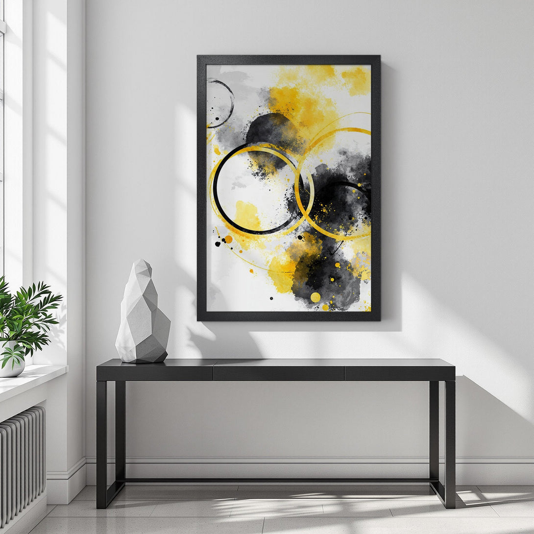 Framed Poster featuring abstract art with yellow, black, and gray watercolor splashes. Modern wall decor to elevate your space!