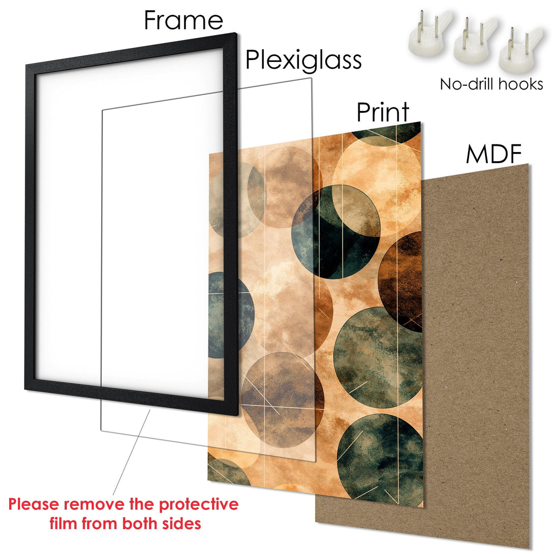 Framed Poster with abstract geometric art in earthy tones. Modern wall art for home decor. Ready to hang.