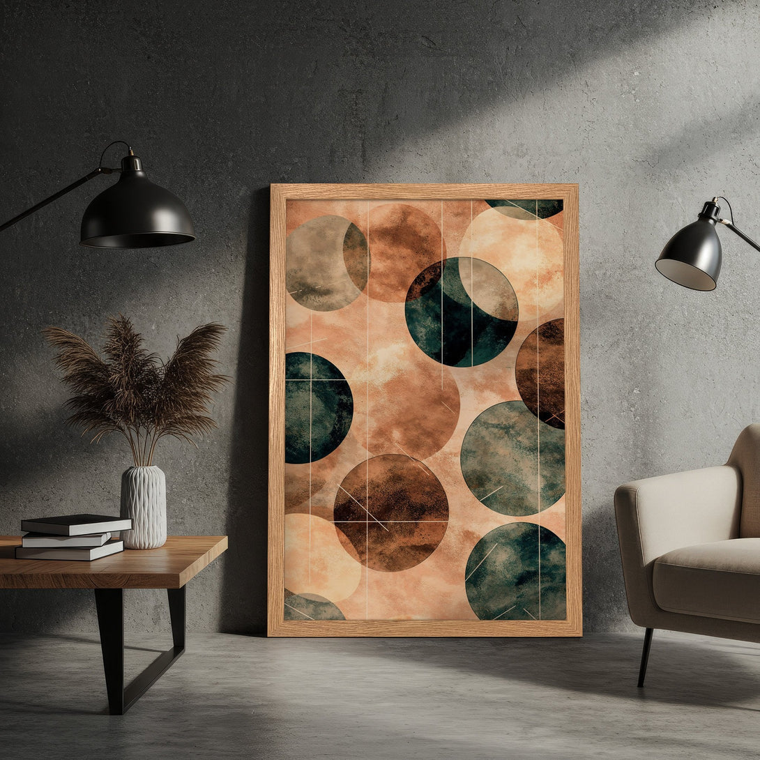 Framed Poster with abstract geometric design. Earthy tones of brown, teal, and peach. Modern art print for home decor.