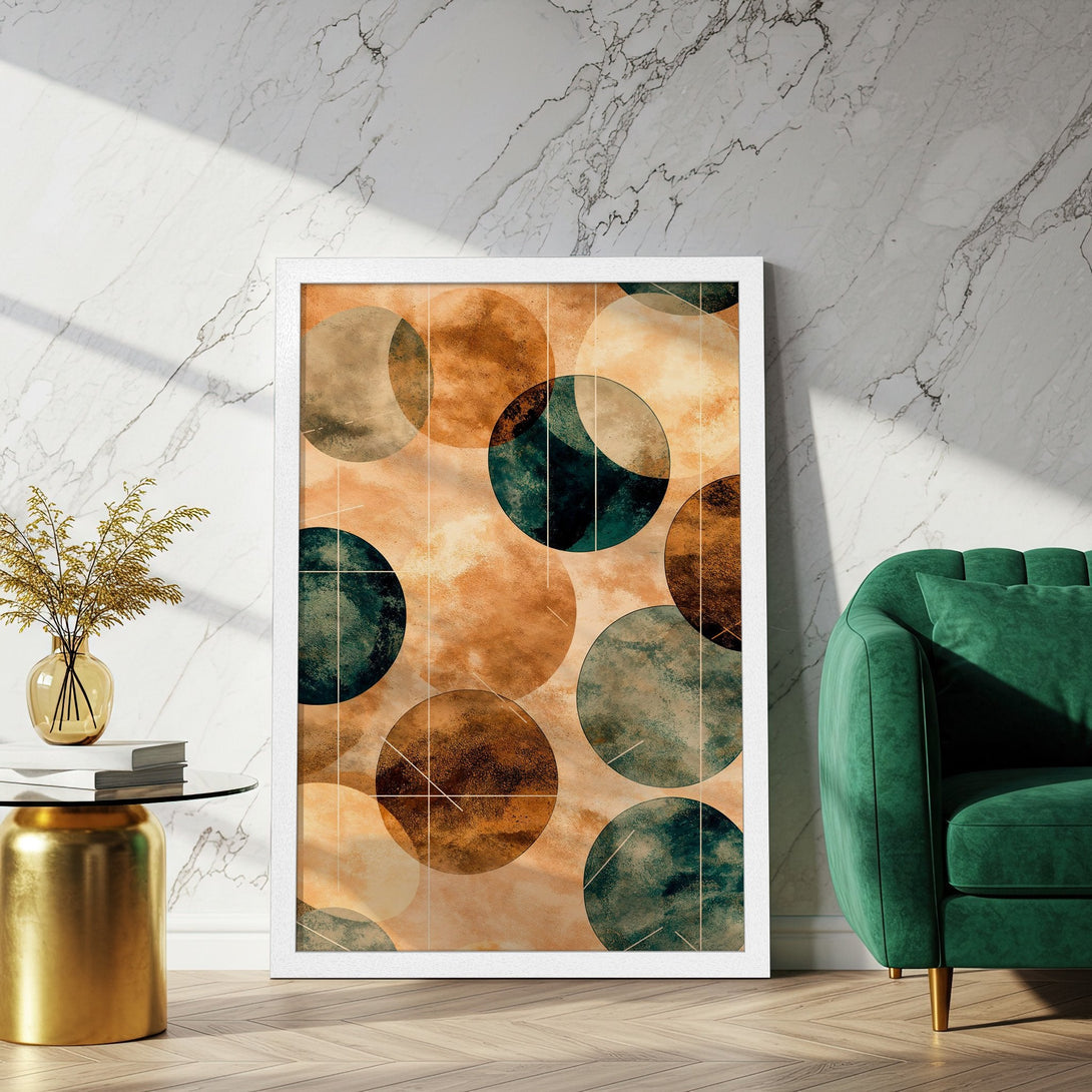 Framed Poster featuring abstract geometric art in earthy tones and teal, perfect for modern home decor.