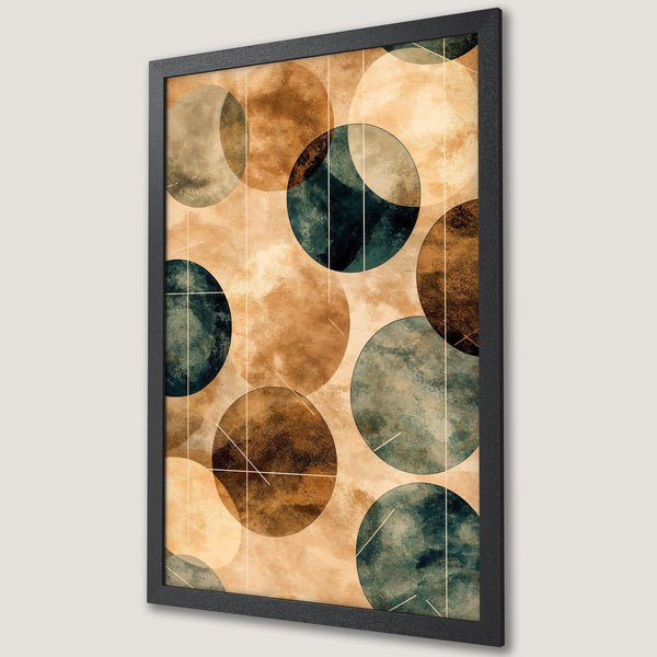 Framed Poster featuring abstract geometric circles in earthy tones of brown, teal, and beige. Modern art print for home decor.