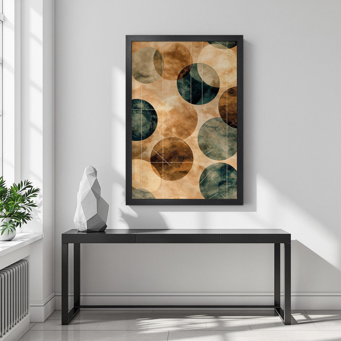 Framed Poster featuring abstract geometric circles in earthy tones. Modern art poster for home decor.
