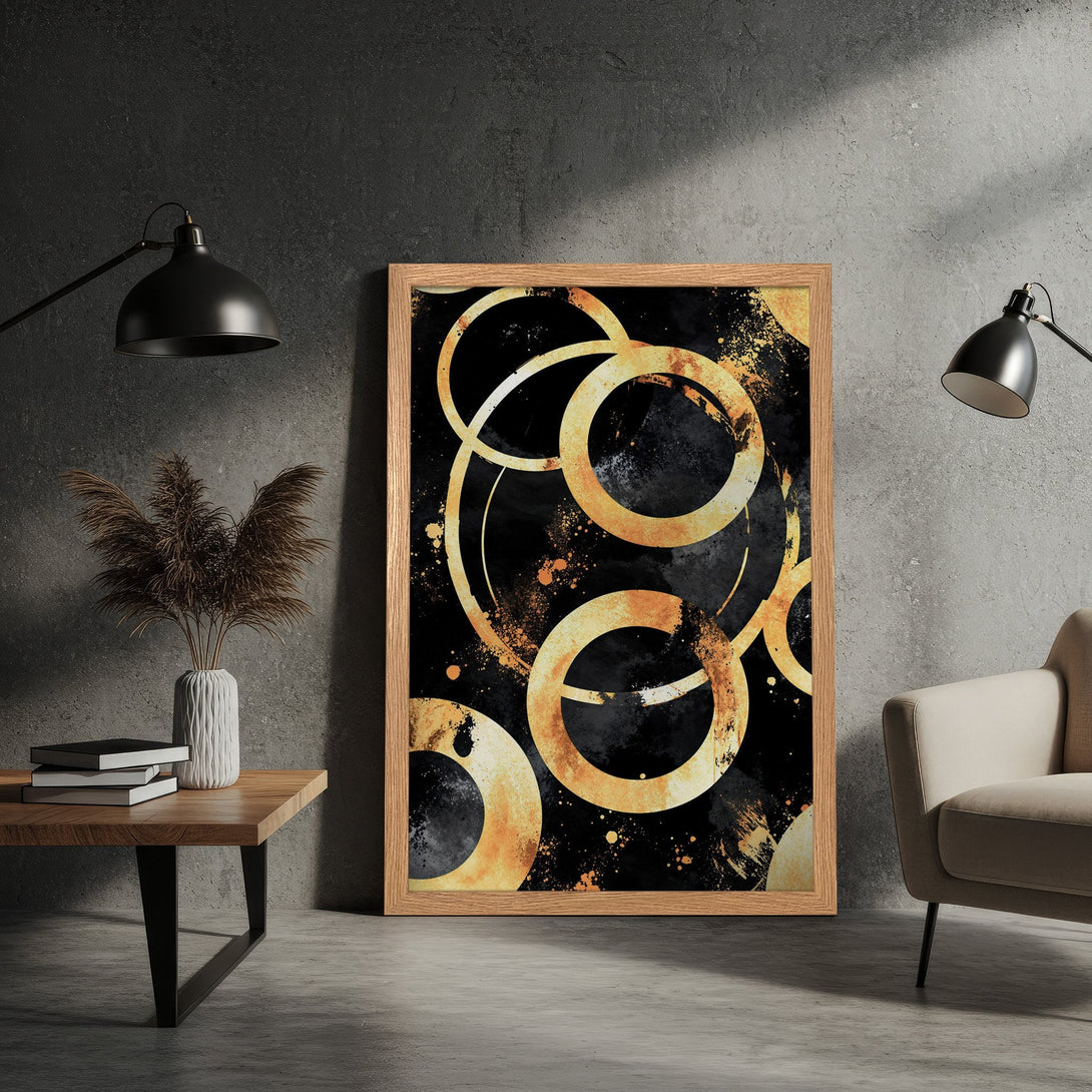 Framed Poster featuring abstract gold circles on black background. Modern art style, neutral color palette. Perfect wall decor.